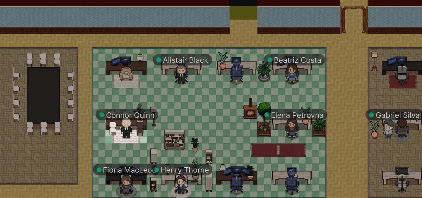 Virtual office space with pixel art style showing meeting rooms, workstations, and collaborative areas